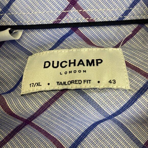 Duchamp London Shirt Mens 17 XL 43 Button Up Flip Cuff Purple Plaid Tailored Fit - Picture 6 of 16